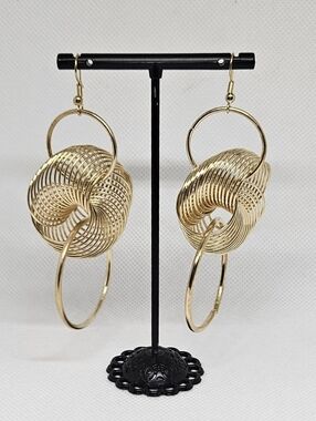 Gold Tone Abstract Swirl Hoop Dangle Earrings Statement Fashion Jewelry